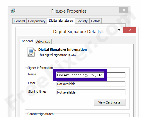 Screenshot of the FineArt Technology Co., Ltd certificate